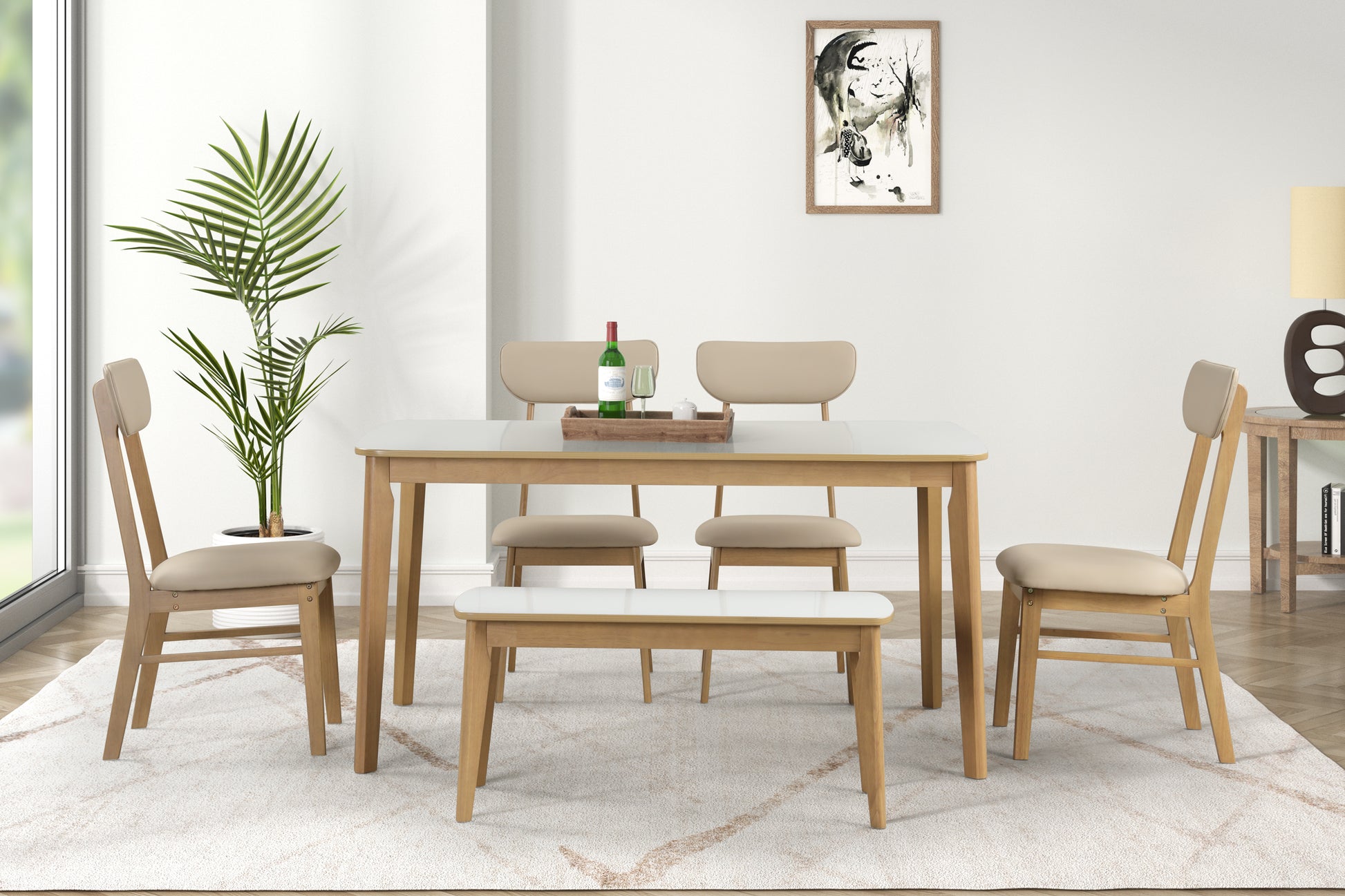 6 Piece Dining Table Set, One Table One Bench And Four Chairs, High Gloss White Tabletop With Light Oak Color Creamy White,White Light Oak Seats 6 Dining Room 60 Inches Rubberwood 4 Leg Rectangular Dining Table With Chair And Bench Mdf,Pu,Pvc,Rubber Wood