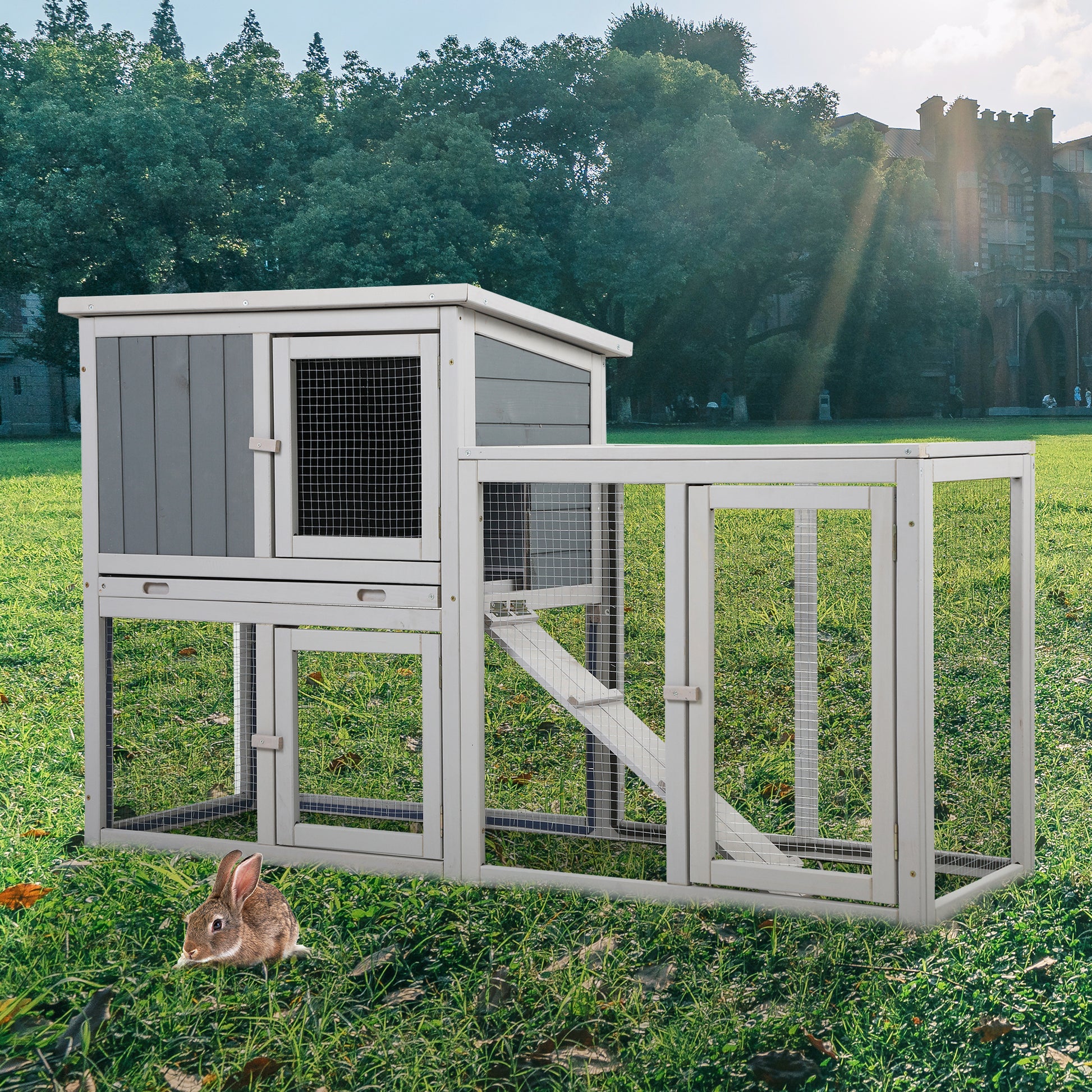 Wooden Rabbit Hutch Chicken Coop With 1 Removable Tray And 3 Lockable Doors For Indoor And Outdoor Use, Gray White Gray Wood Metal