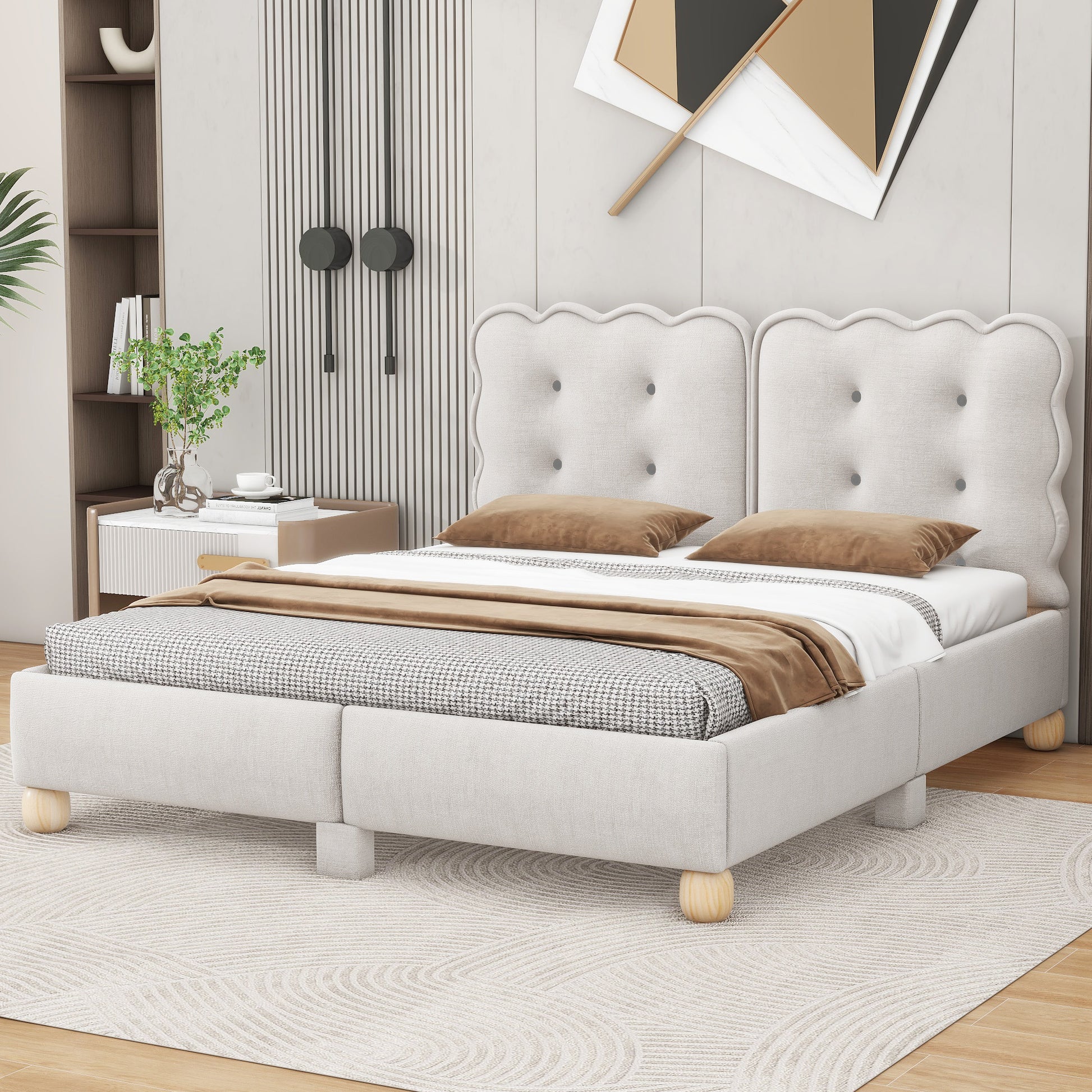 Queen Size Upholstered Platform Bed With Support Legs,Beige Beige Upholstered