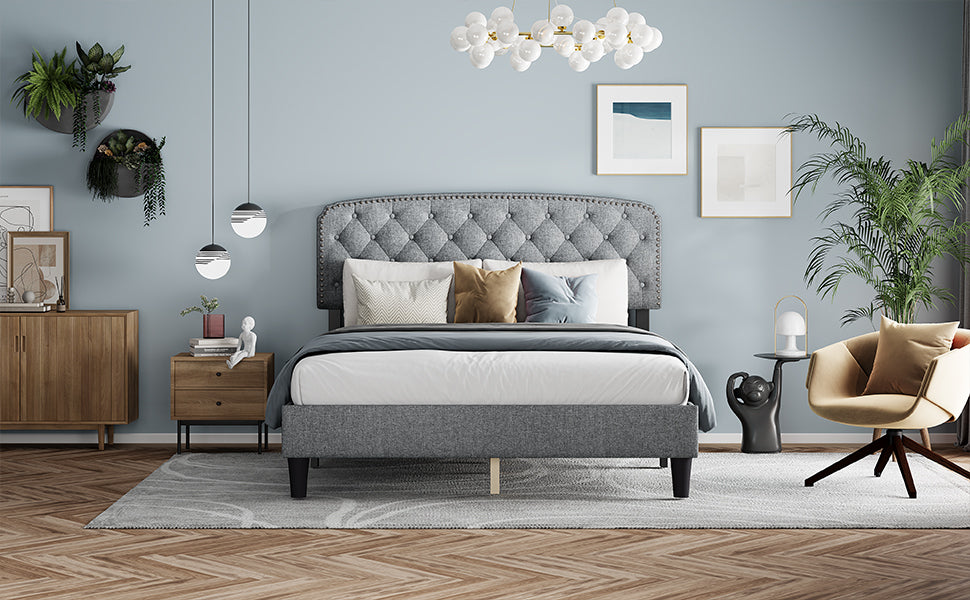 Queen Size Adjustable Headboard With Fine Linen Upholstery And Button Tufting For Bedroom, Wave Top Light Grey Light Grey Wood