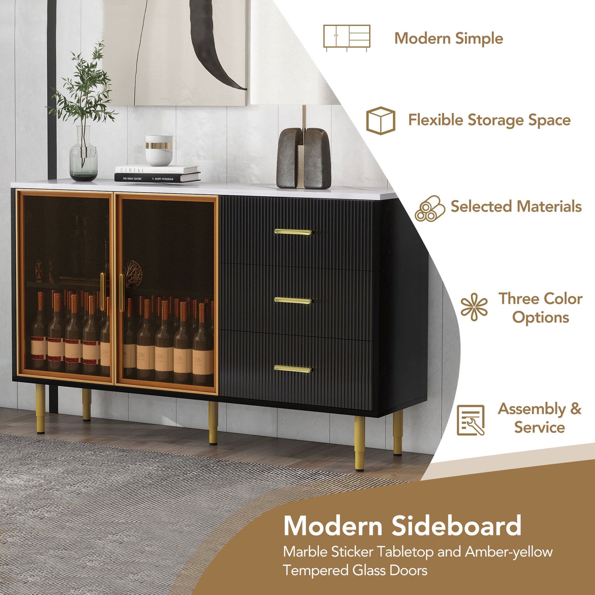 Modern Sideboard Mdf Buffet Cabinet Marble Sticker Tabletop And Amber Yellow Tempered Glass Doors With Gold Metal Legs & Handles Black Black Mdf Glass