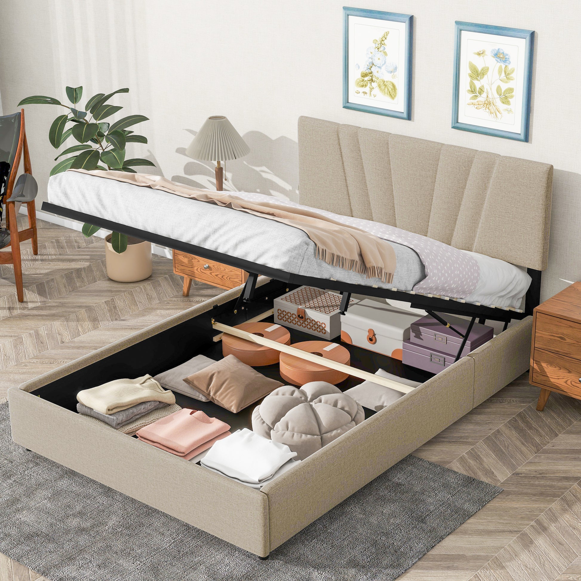 Queen Upholstered Platform Bed With Lifting Storage, Queen Size Bed Frame With Storage And Tufted Headboard,Wooden Queen Platform Bed For Kids Teens Adults,No Box Spring Needed Queen, Beige Box Spring Not Required Queen Light Beige Wood Bedroom American