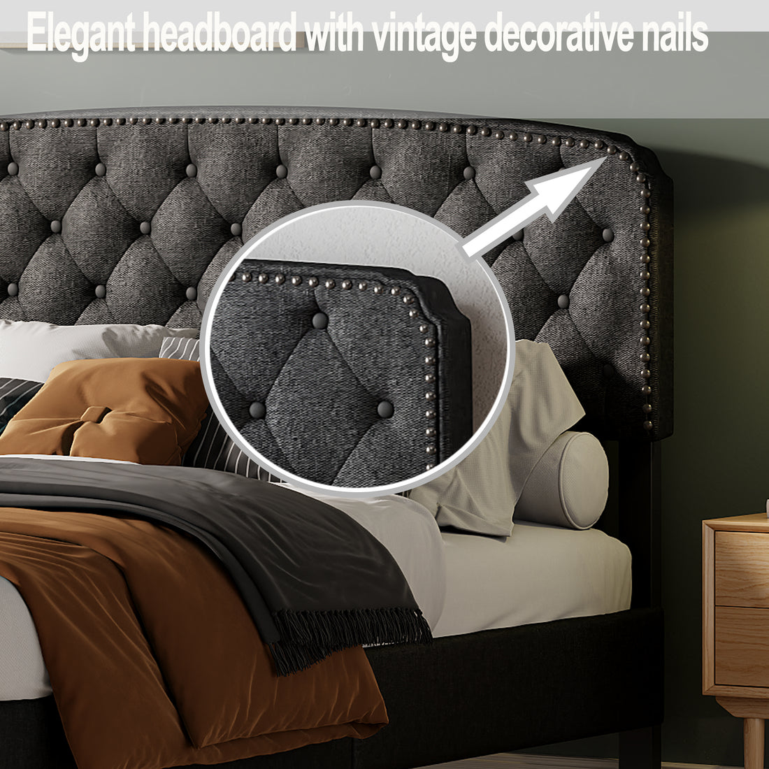 Queen Size Adjustable Headboard With Fine Linen Upholstery And Button Tufting For Bedroom, Wave Top Dark Grey Dark Grey Wood