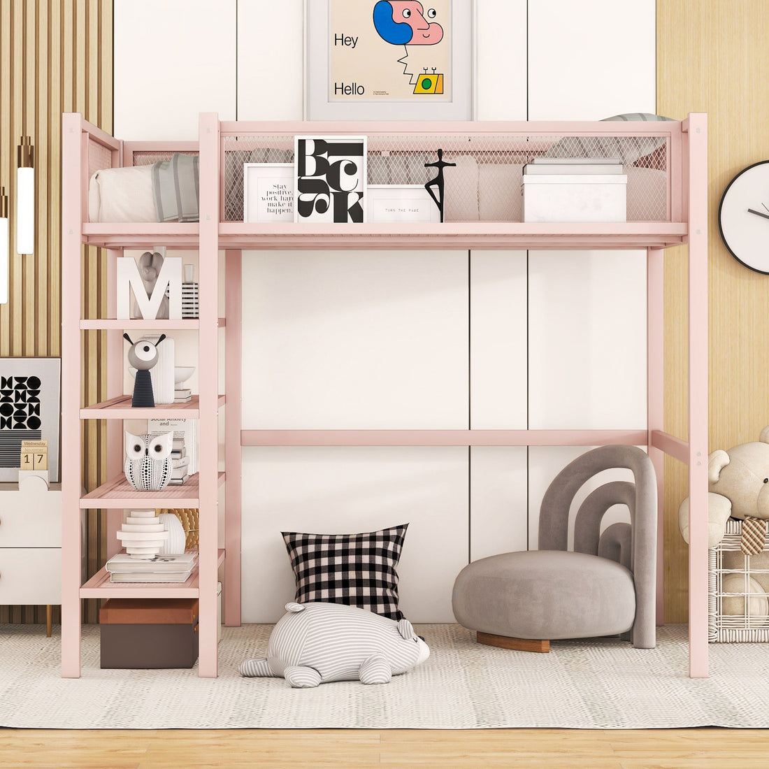 Twin Size Metal Loft Bed With 4 Tier Shelves And Storage, Pink Pink Metal