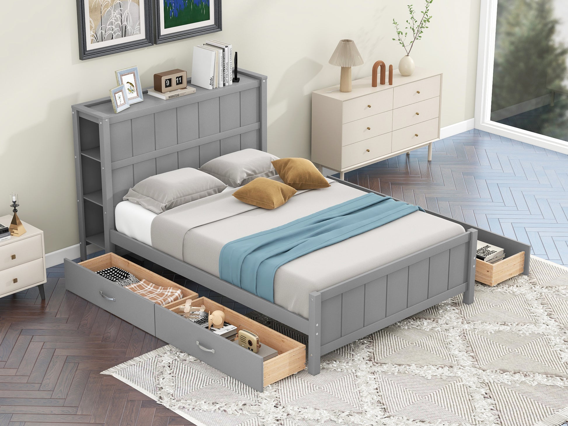 Full Size Platform Bed With Drawers And Storage Shelves, Gray Gray Solid Wood Mdf