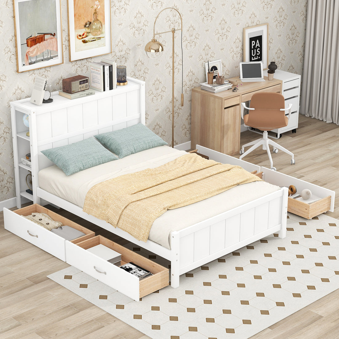 Full Size Platform Bed With Drawers And Storage Shelves, White White Solid Wood Mdf