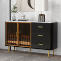 Modern Sideboard Mdf Buffet Cabinet Marble Sticker Tabletop And Amber Yellow Tempered Glass Doors With Gold Metal Legs & Handles Black Black Mdf Glass