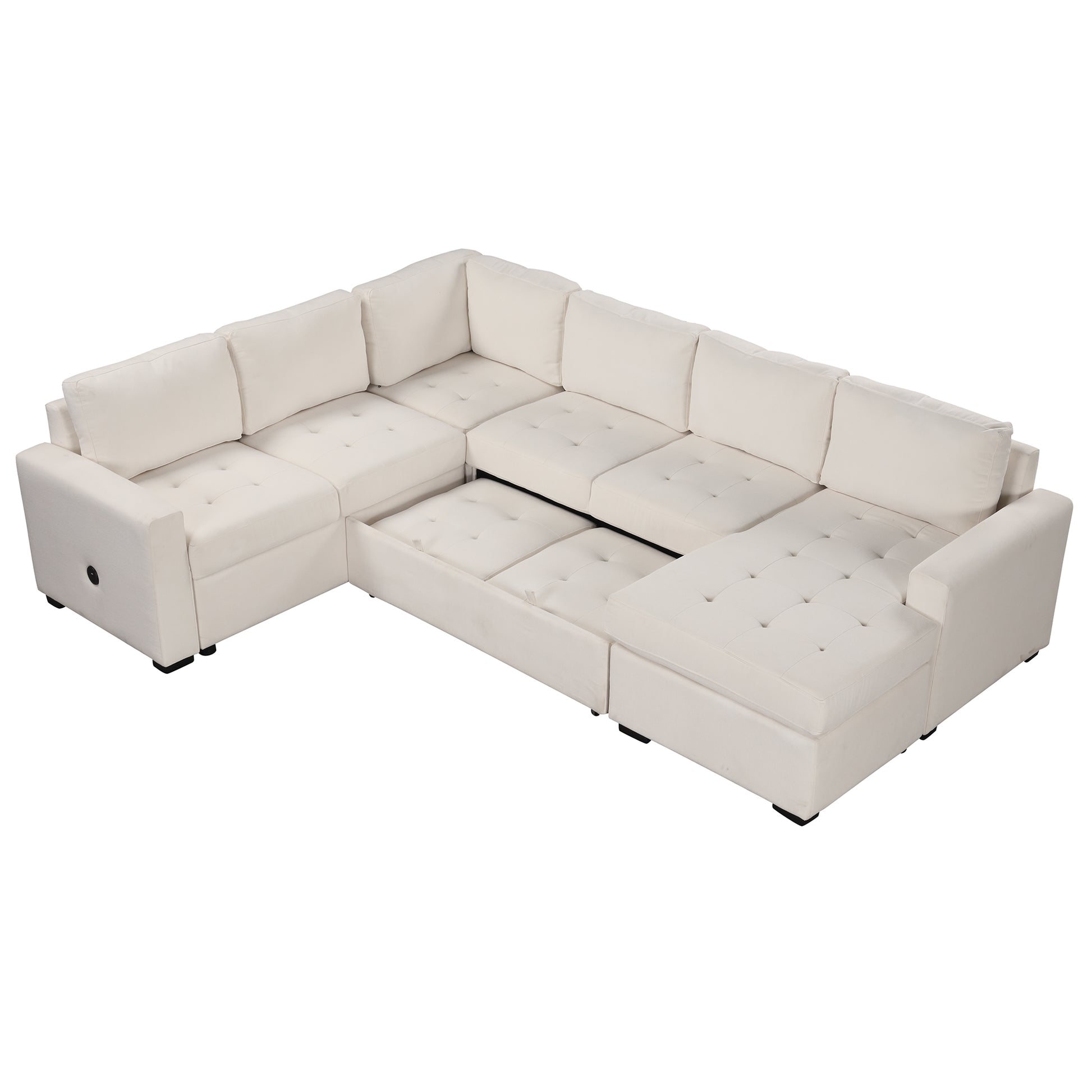 Sectional Sleeper Sofa With Pull Out Bed And Lounge Chair, Usb And Type C Interfaces, Suitable For Living Room, Office, And Spacious Spaces Beige Polyester