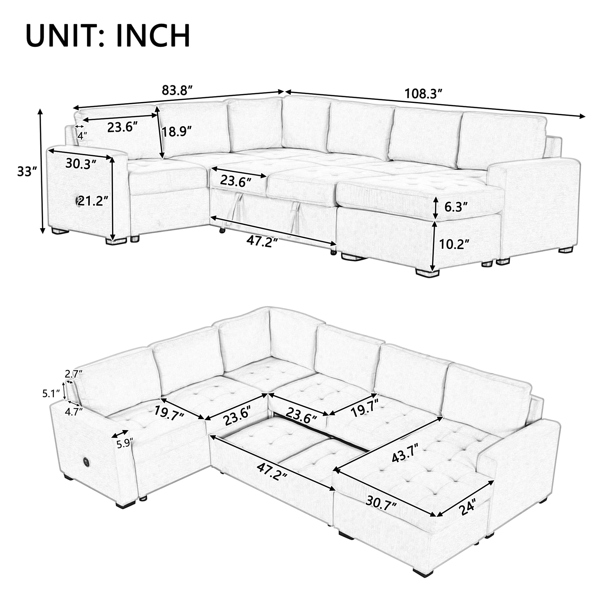 Sectional Sleeper Sofa With Pull Out Bed And Lounge Chair, Usb And Type C Interfaces, Suitable For Living Room, Office, And Spacious Spaces Gray Polyester