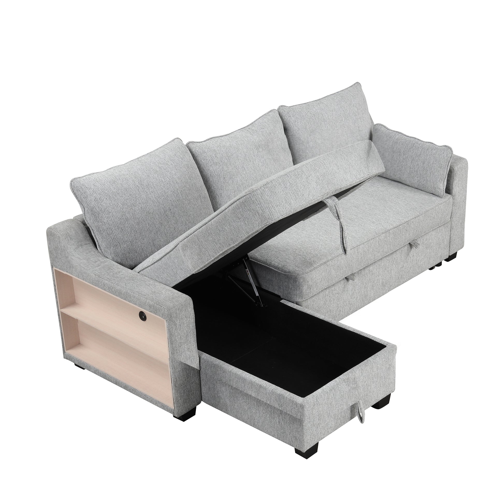 90" Pull Out Sleeper Sofa L Shaped Couch Convertible Sofa Bed With Storage Chaise, Storage Racks And Usb Ports, Light Grey Light Grey Foam Polyester 3 Seat