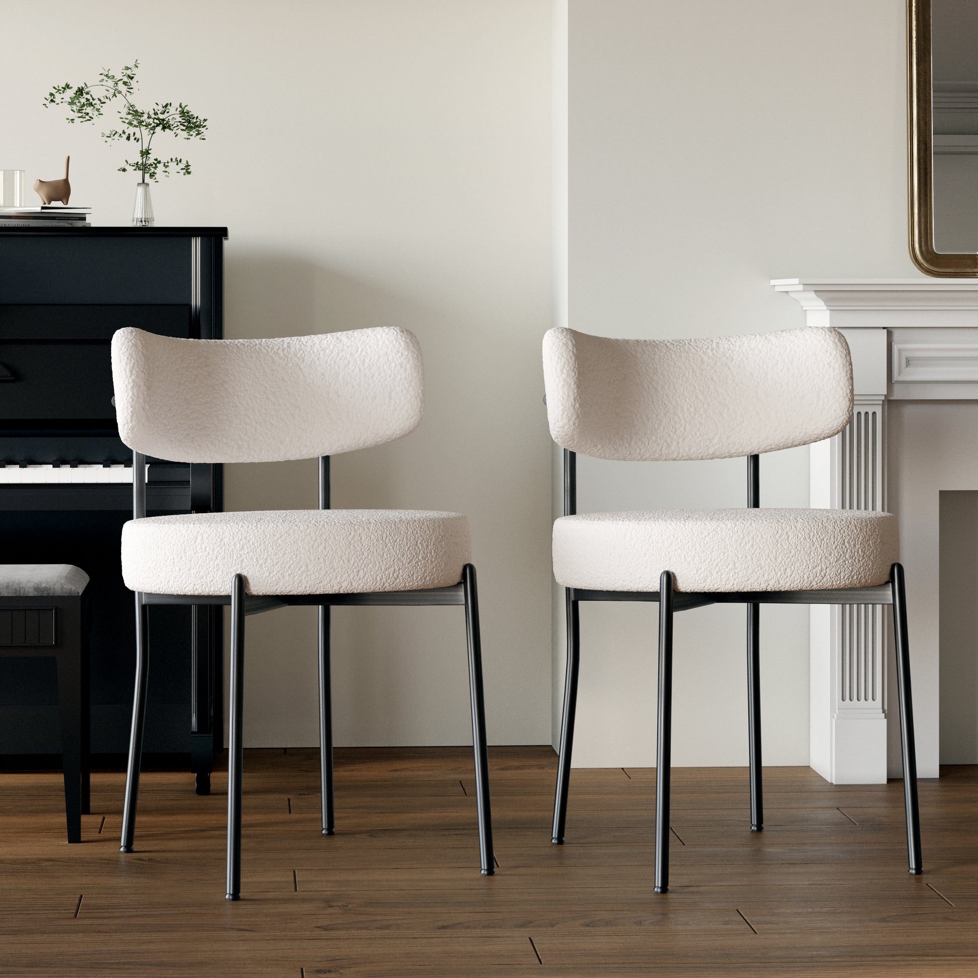 White Dining Chairs Set Of 4, Mid Century Modern Dining Chairs, Kitchen Dining Room Chairs, Curved Backrest Round Upholstered Boucle Dining Chair With Black Metal Legs Metal White Teddy Kitchen Dining Chairs Foam Velvet