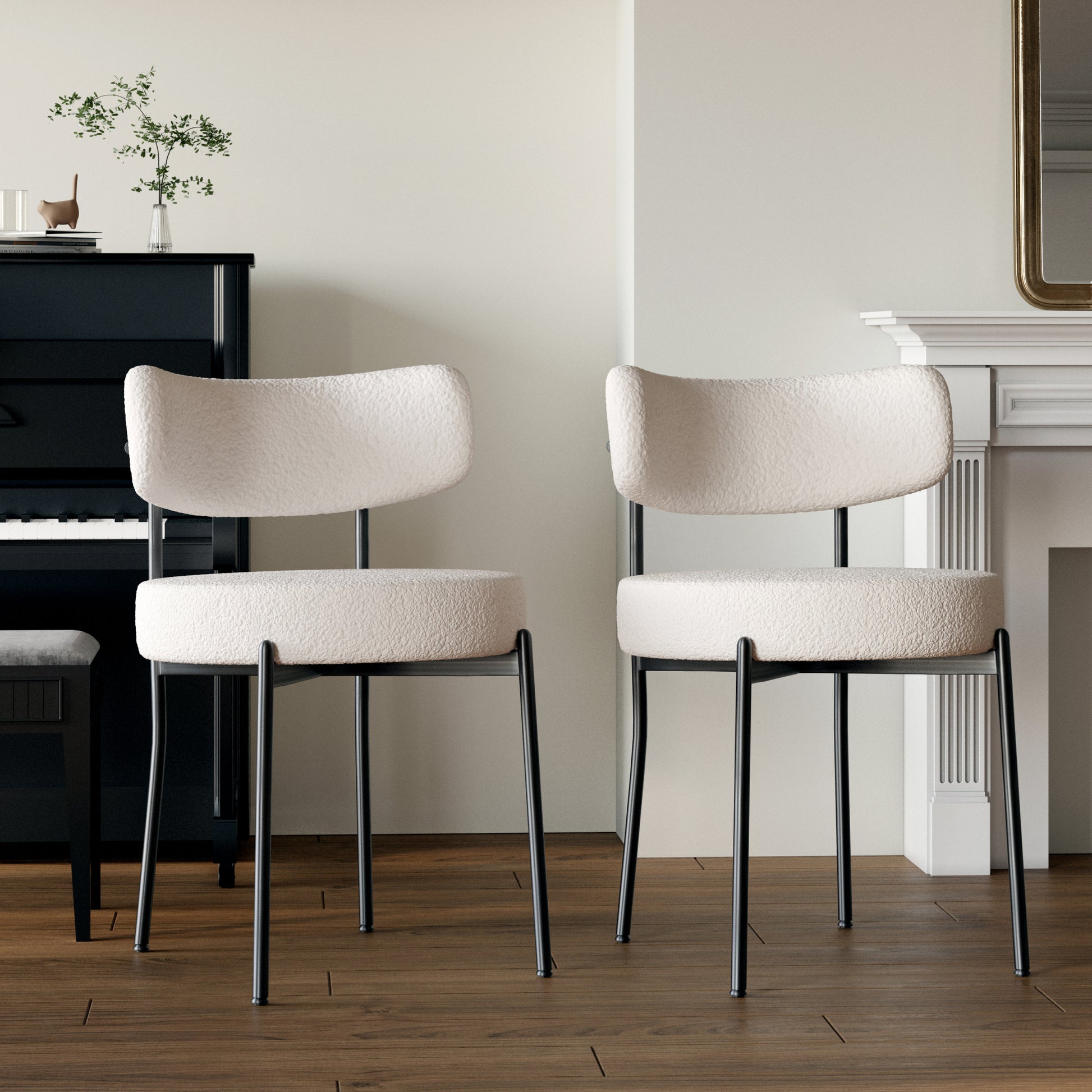 White Dining Chairs Set Of 4, Mid Century Modern Dining Chairs, Kitchen Dining Room Chairs, Curved Backrest Round Upholstered Boucle Dining Chair With Black Metal Legs Metal White Teddy Kitchen Dining Chairs Foam Velvet