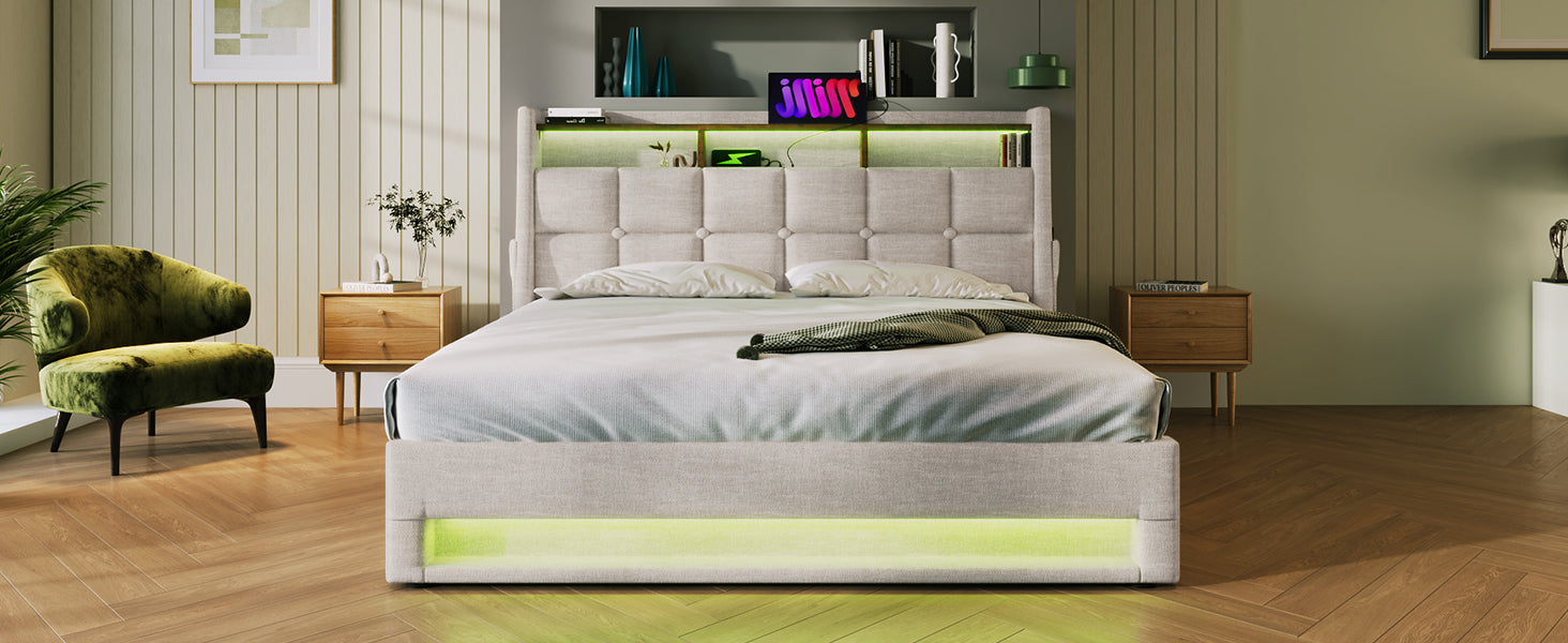 Queen Size Upholstered Platform Bed With A Hydraulic Storage System, Led And Usb Charging, Natural Without Mattress Queen Natural Metal & Wood