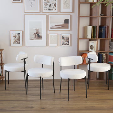 White Dining Chairs Set Of 4, Mid Century Modern Dining Chairs, Kitchen Dining Room Chairs, Curved Backrest Round Upholstered Boucle Dining Chair With Black Metal Legs Metal White Teddy Kitchen Dining Chairs Foam Velvet