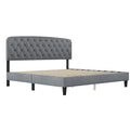 King Size Adjustable Headboard With Fine Linen Upholstery And Button Tufting For Bedroom, Wave Top Light Grey Light Grey Wood