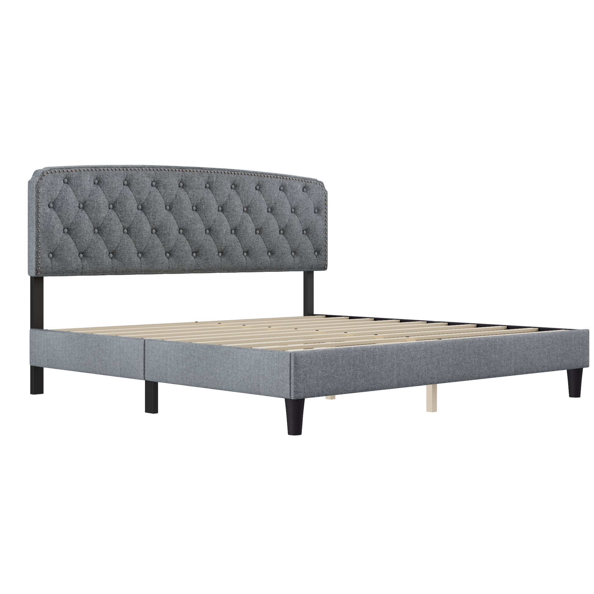 King Size Adjustable Headboard With Fine Linen Upholstery And Button Tufting For Bedroom, Wave Top Light Grey Light Grey Wood
