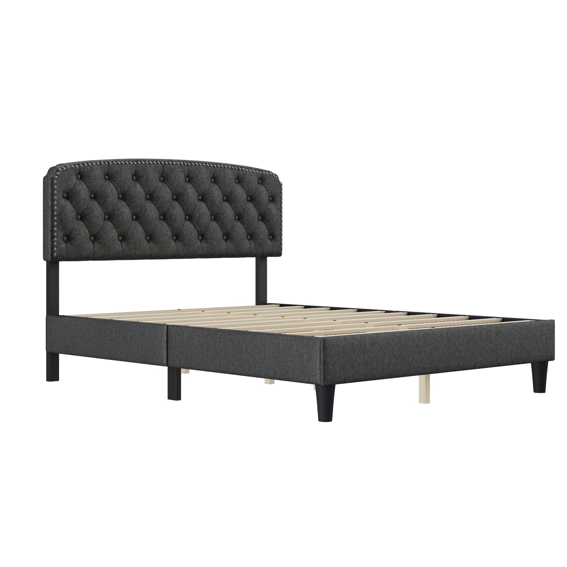 Queen Size Adjustable Headboard With Fine Linen Upholstery And Button Tufting For Bedroom, Wave Top Dark Grey Dark Grey Wood