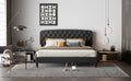 King Size Adjustable Headboard With Fine Linen Upholstery And Button Tufting For Bedroom, Wave Top Dark Grey Dark Grey Wood