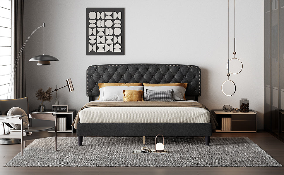 King Size Adjustable Headboard With Fine Linen Upholstery And Button Tufting For Bedroom, Wave Top Dark Grey Dark Grey Wood