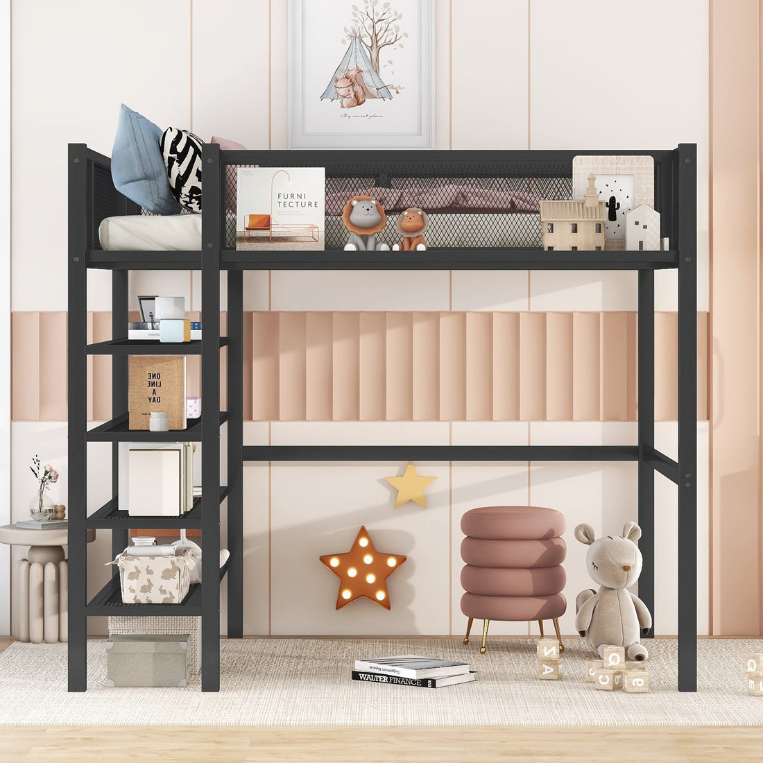 Twin Size Metal Loft Bed With 4 Tier Shelves And Storage, Black Black Metal