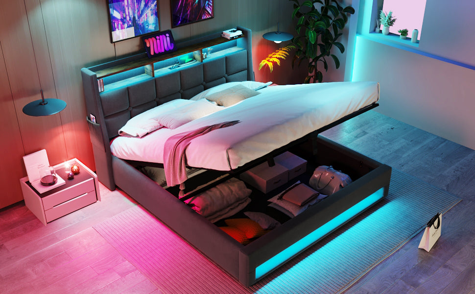 Queen Size Upholstered Platform Bed With A Hydraulic Storage System, Led And Usb Charging, Grey Without Mattress Queen Grey Metal & Wood