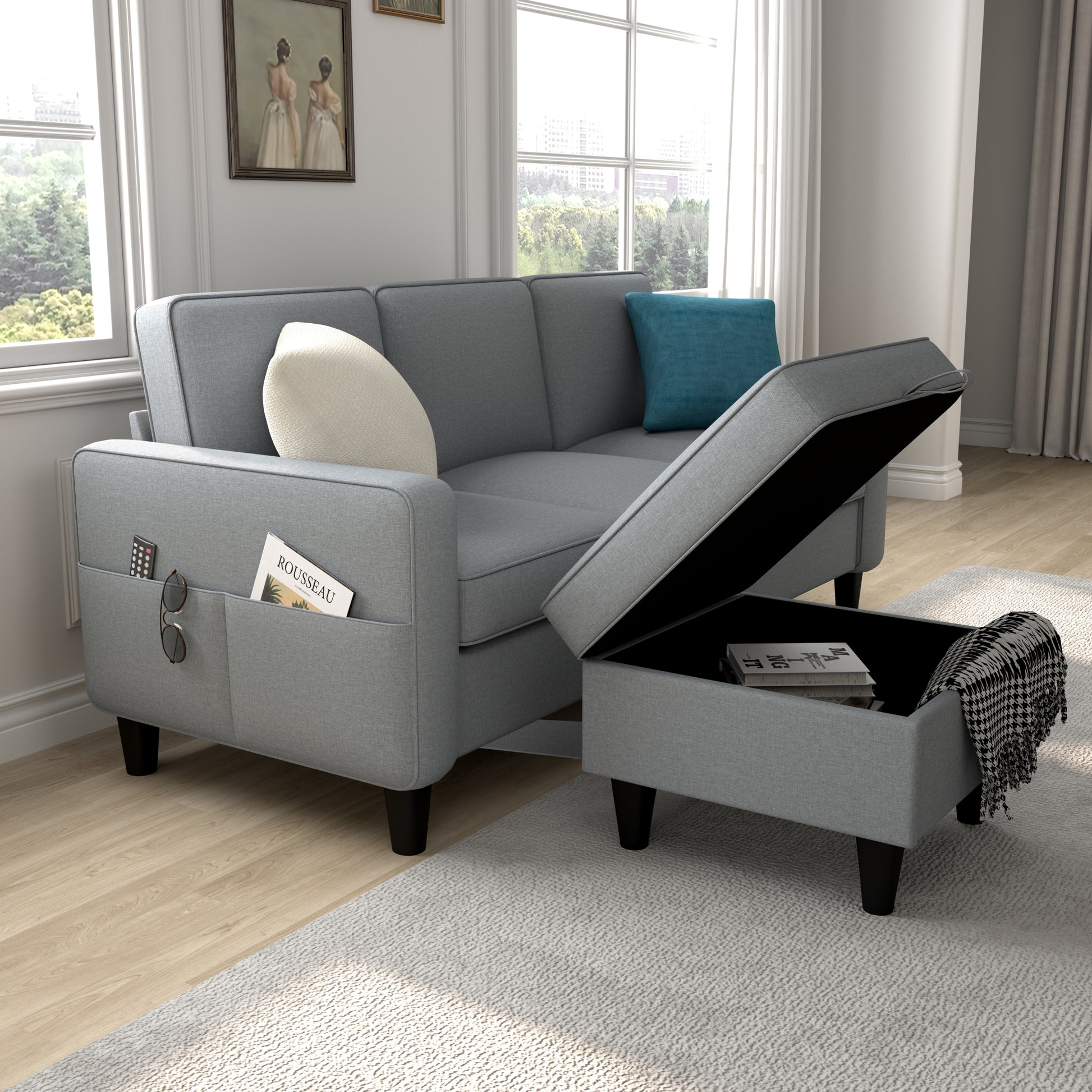 Sofas For Families, Apartments, Dorms, Bonus Rooms, Compact Spaces With Lounge Lounges, 3 Seater, L Shaped Design For The Chaise, 680 Lbs Capacity Light Grey Light Gray Metal & Wood