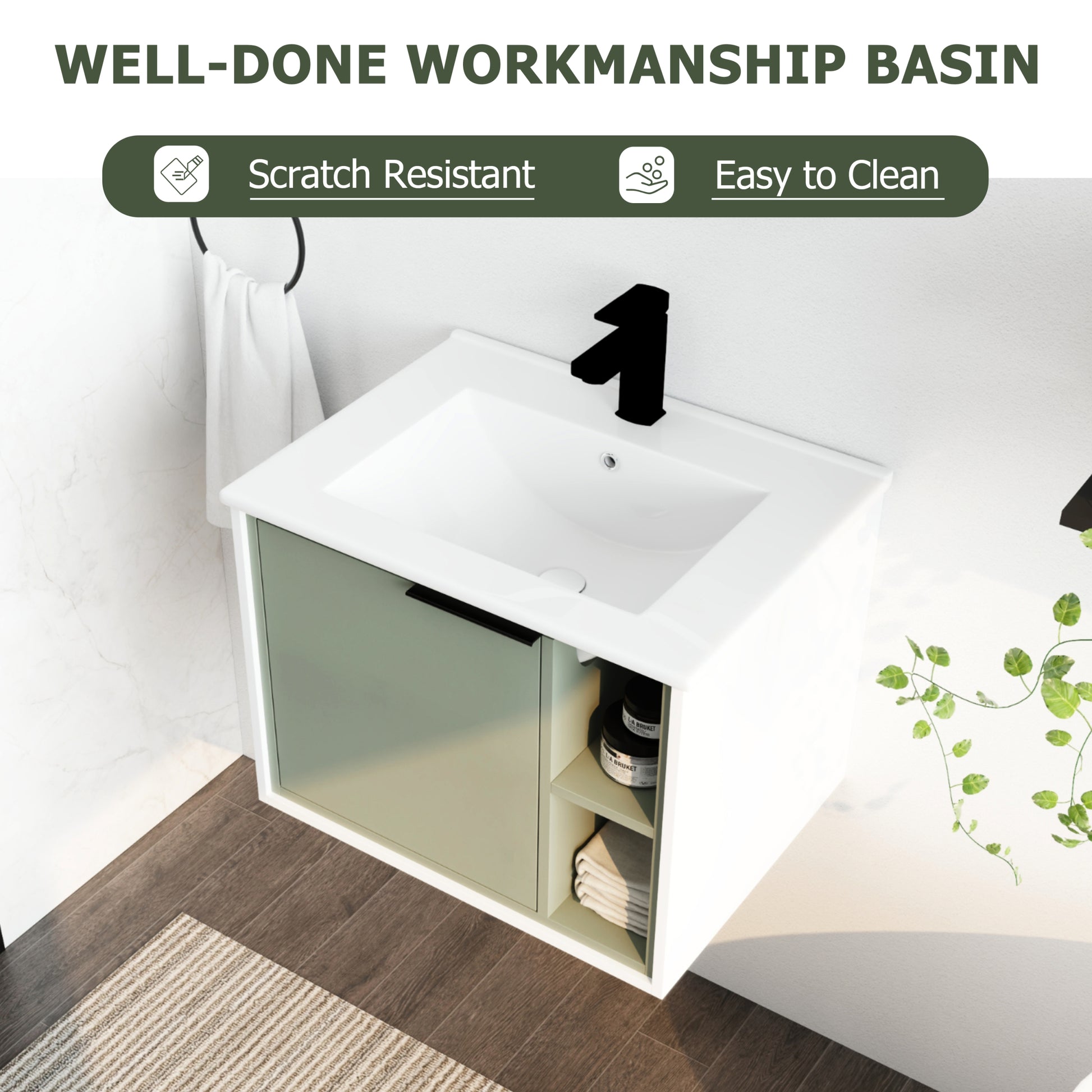 24'' Floating Wall Mounted Bathroom Vanity With Ceramics Sink & Soft Close Cabinet Door Green 1 2 Soft Close Doors Bathroom Wall Mounted Modern Plywood