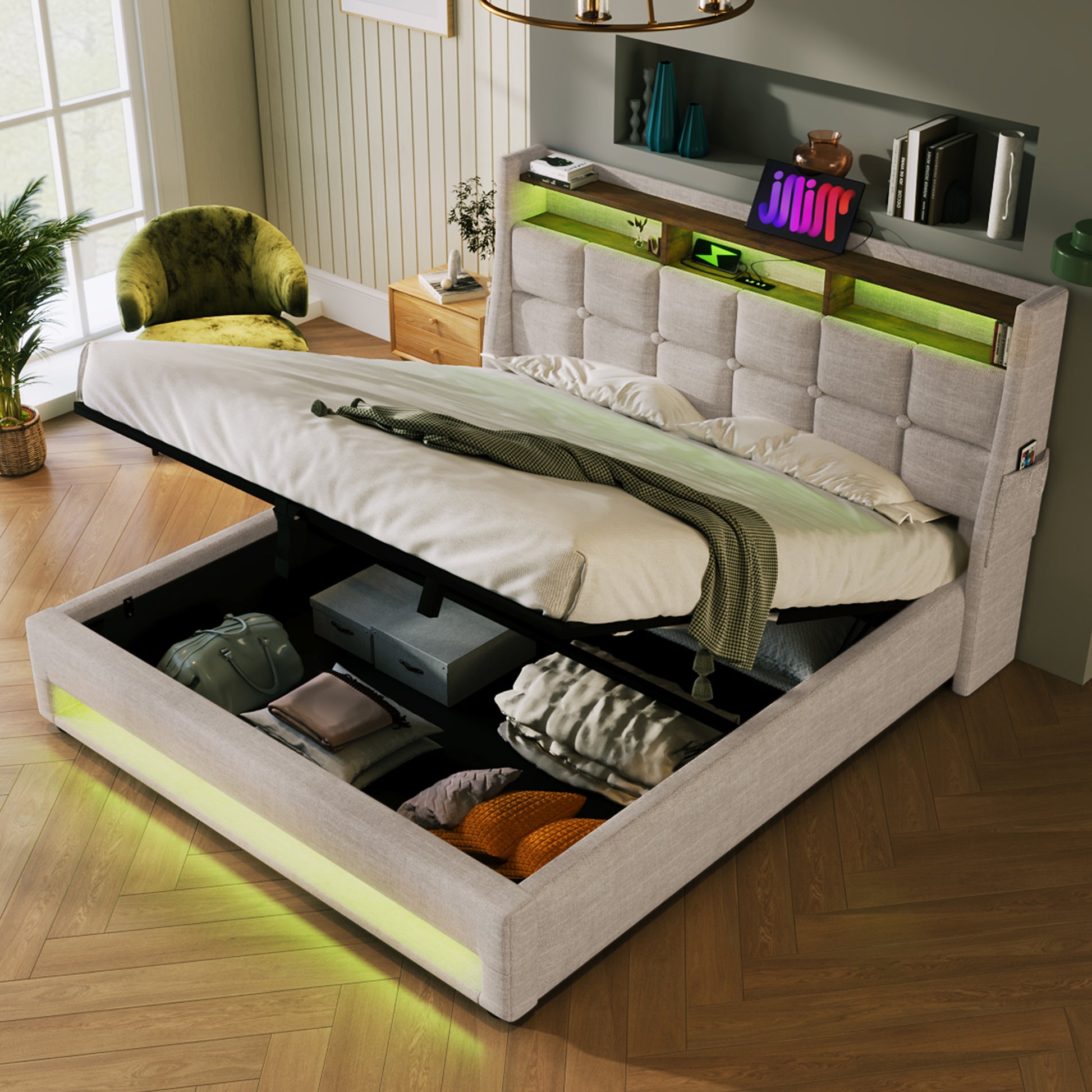 Queen Size Upholstered Platform Bed With A Hydraulic Storage System, Led And Usb Charging, Natural Without Mattress Queen Natural Metal & Wood