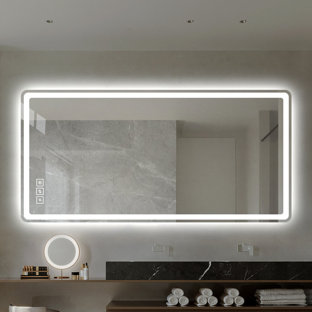 Bathroom Mirror With Led Lights Front And Backlit, Anti Fog Lighted Vanity Mirrors For Wall Mounted, 3 Colors And 5 Level Dimmable, Horizontal Vertical Clear Glass