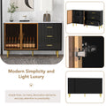 Modern Sideboard Mdf Buffet Cabinet Marble Sticker Tabletop And Amber Yellow Tempered Glass Doors With Gold Metal Legs & Handles Black Black Mdf Glass