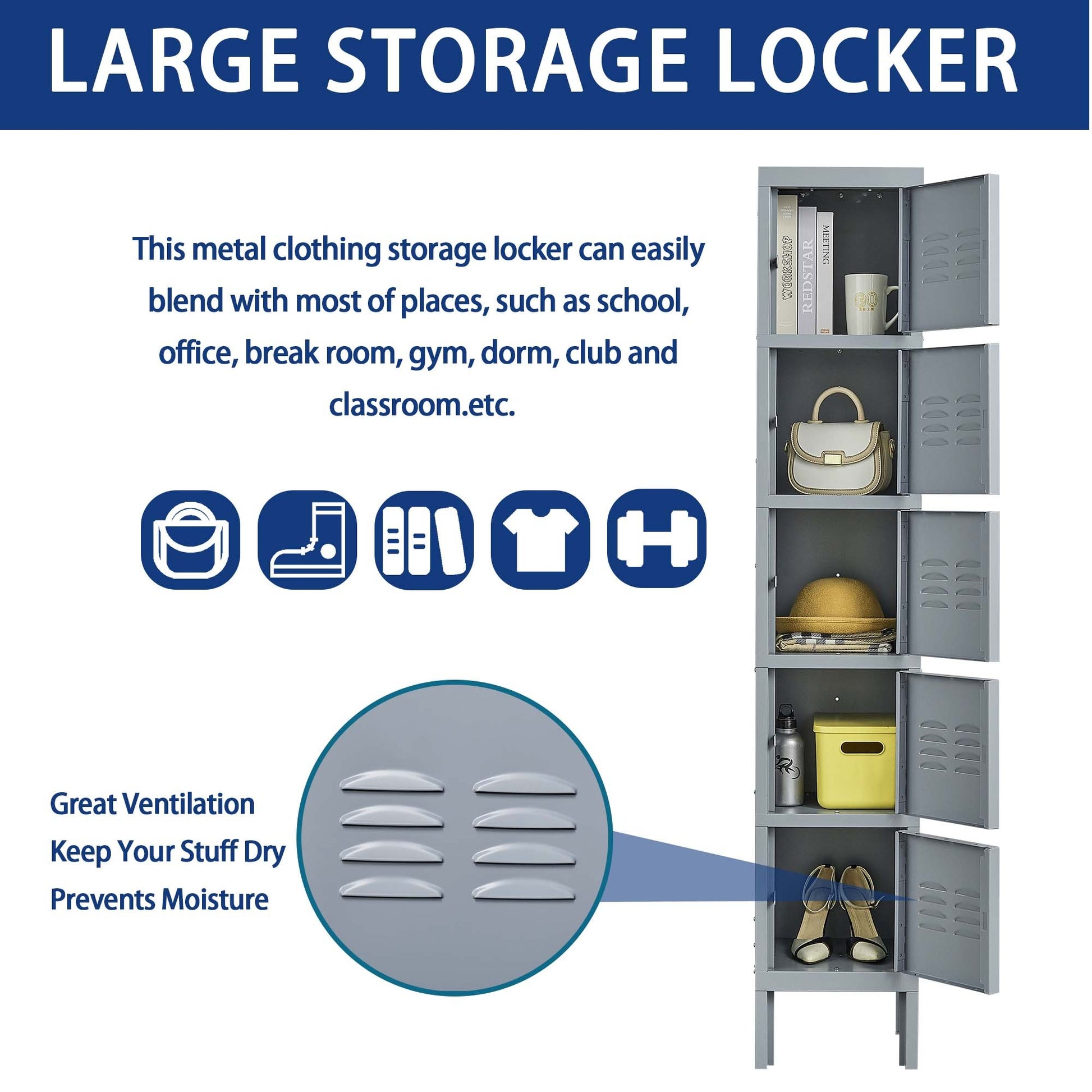 5 Door 66"H Metal Lockers With Lock For Employees,Storage Locker Cabinet For Home Gym Office School Garage,Gray Freestanding 5 Or More Spaces Gray Gym Door Locks Modern Metal Metal