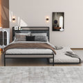 Queen Size Metal Platform Bed Frame With Twin Size Trundle, Upholstered Headboard, Sockets, Usb Ports And Slat Support, No Box Spring Needed, Black Black Metal