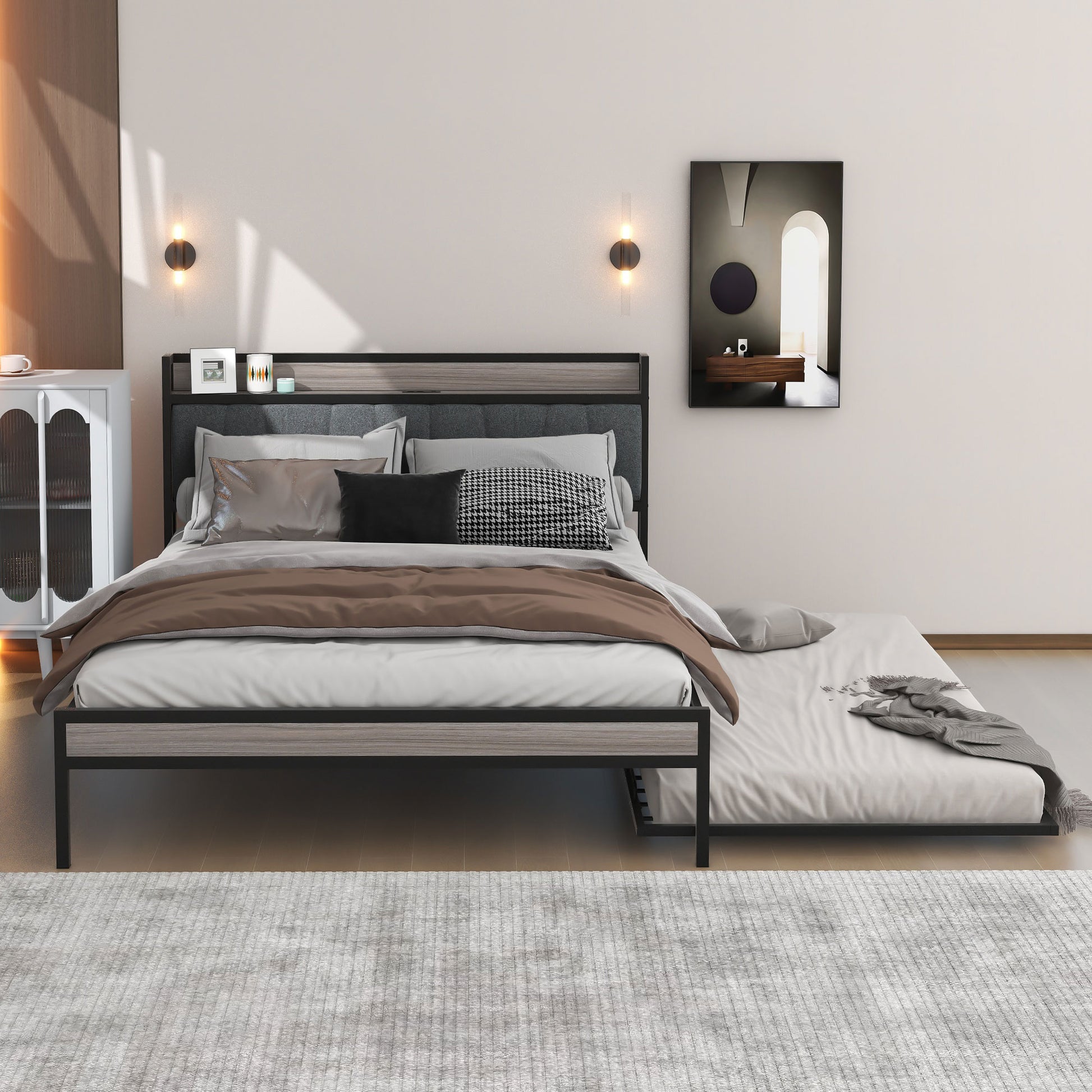 Queen Size Metal Platform Bed Frame With Twin Size Trundle, Upholstered Headboard, Sockets, Usb Ports And Slat Support, No Box Spring Needed, Black Black Metal