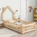 Twin House Shaped Headboard Floor Bed With Fence,Natural Twin Natural Wood Bedroom American Design Pine Bed Frame Pine