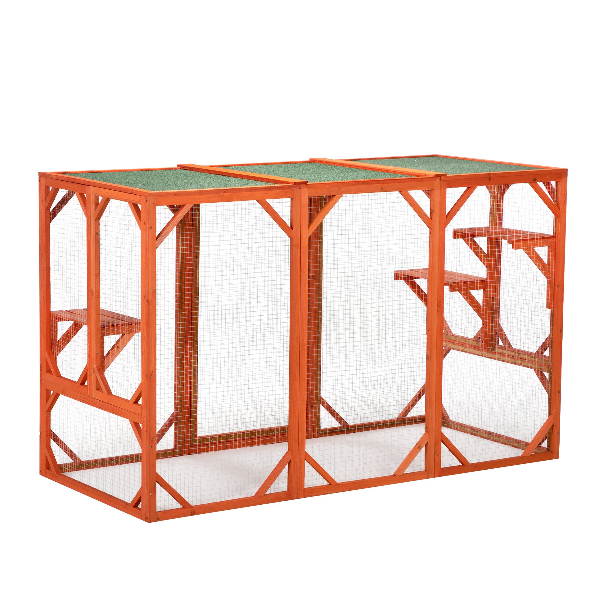 Wooden Cat House, Outdoor Cat Cage With Water Proof Asphalt Planks And Cat Perches, Orange Orange Wood Metal