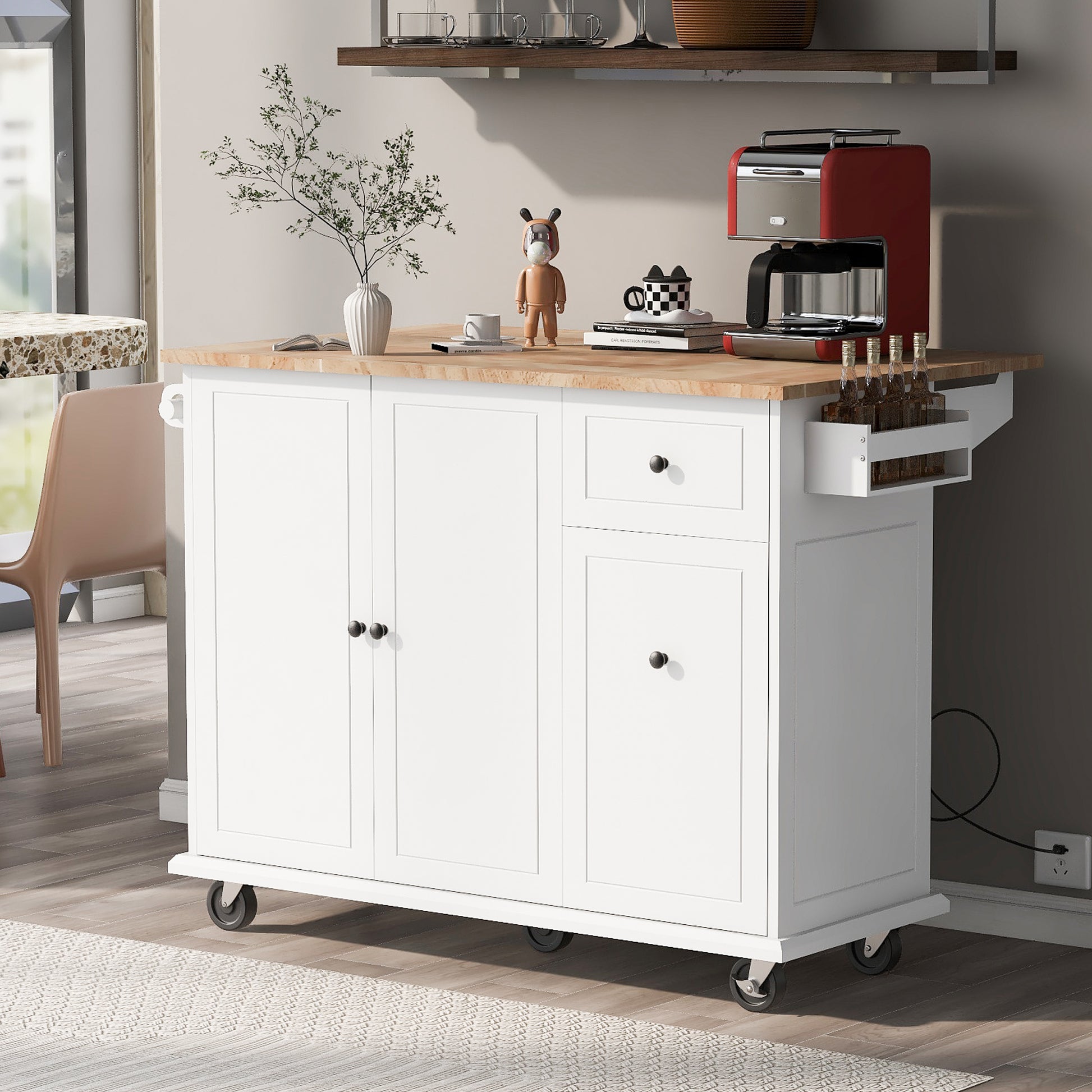 Kitchen Island With Drop Leaf, 53.9" Width Rolling Kitchen Cart On Wheels With Internal Storage Rack And 3 Tier Pull Out Cabinet Organizer, Kitchen Storage Cart With Spice Rack, Towel Rack White White Kitchen Classic,European,Modern Rectangular Kitchen