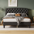 Queen Size Adjustable Headboard With Fine Linen Upholstery And Button Tufting For Bedroom, Wave Top Dark Grey Dark Grey Wood