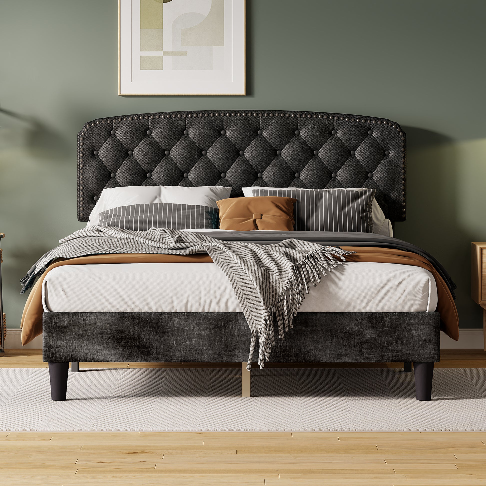 Queen Size Adjustable Headboard With Fine Linen Upholstery And Button Tufting For Bedroom, Wave Top Dark Grey Dark Grey Wood