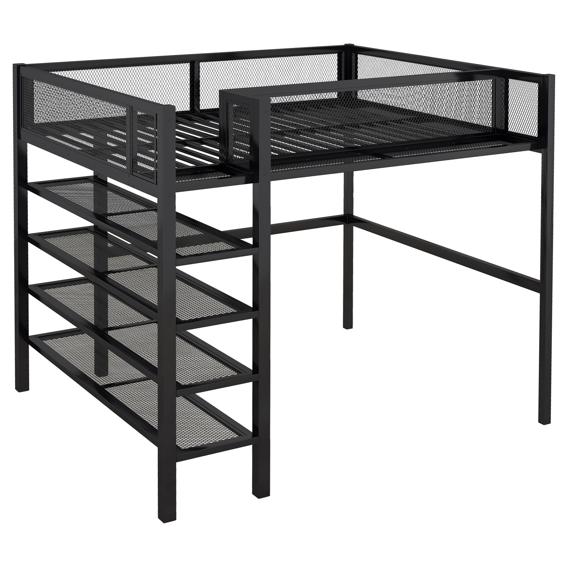 Full Size Metal Loft Bed With 4 Tier Shelves And Storage, Black Full Black Metal