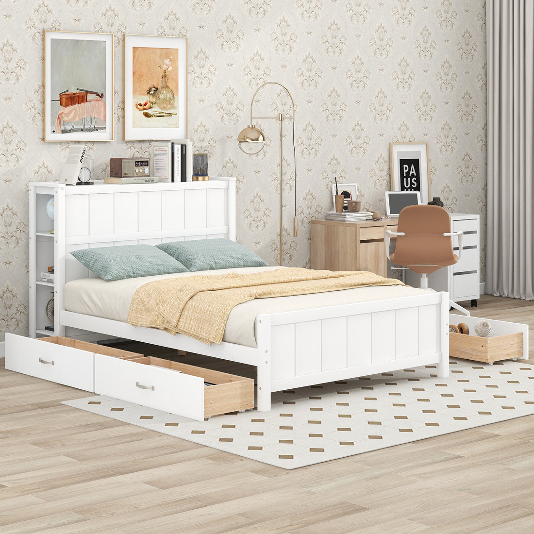 Full Size Platform Bed With Drawers And Storage Shelves, White White Solid Wood Mdf