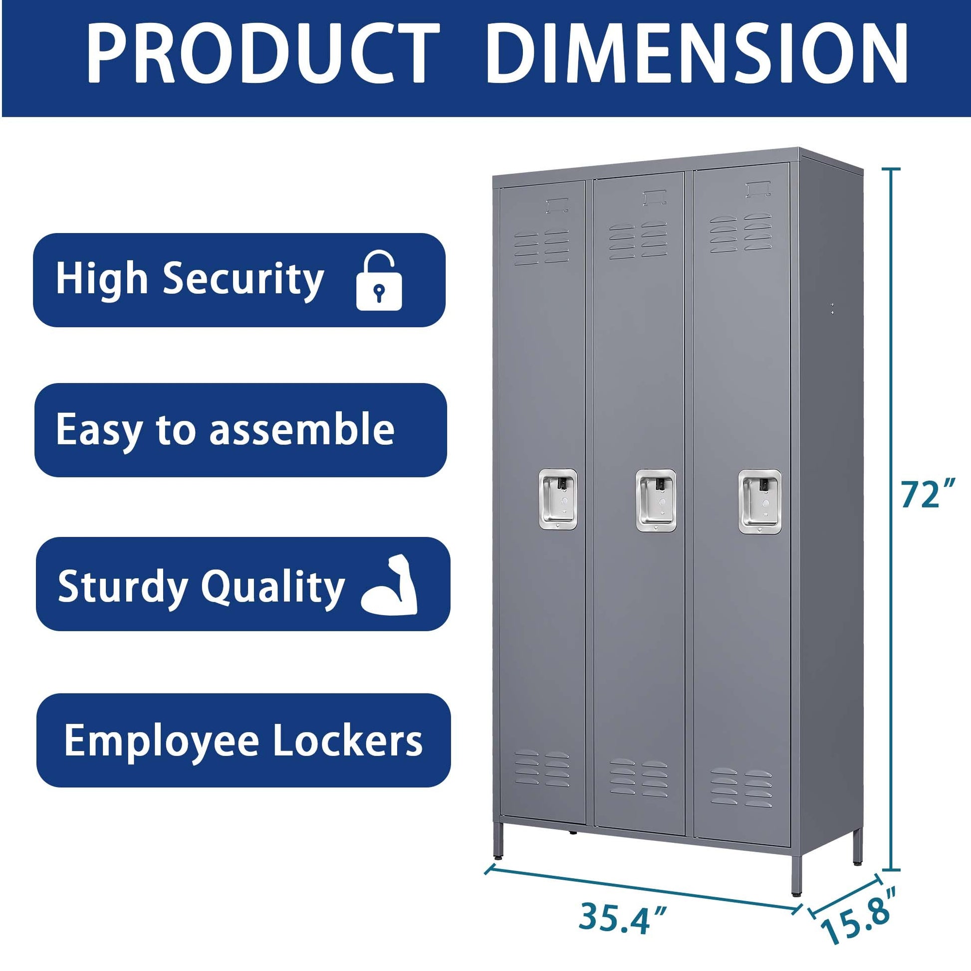 3 Door 72"H Metal Lockers With Lock For Employees,Storage Locker Cabinet For Home Gym Office School Garage,Gray Freestanding 5 Or More Spaces Gray Gym Door Locks Modern Metal Metal