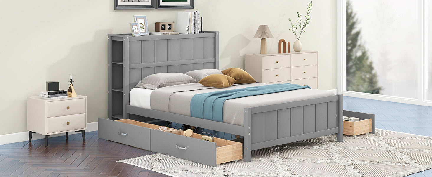 Full Size Platform Bed With Drawers And Storage Shelves, Gray Gray Solid Wood Mdf