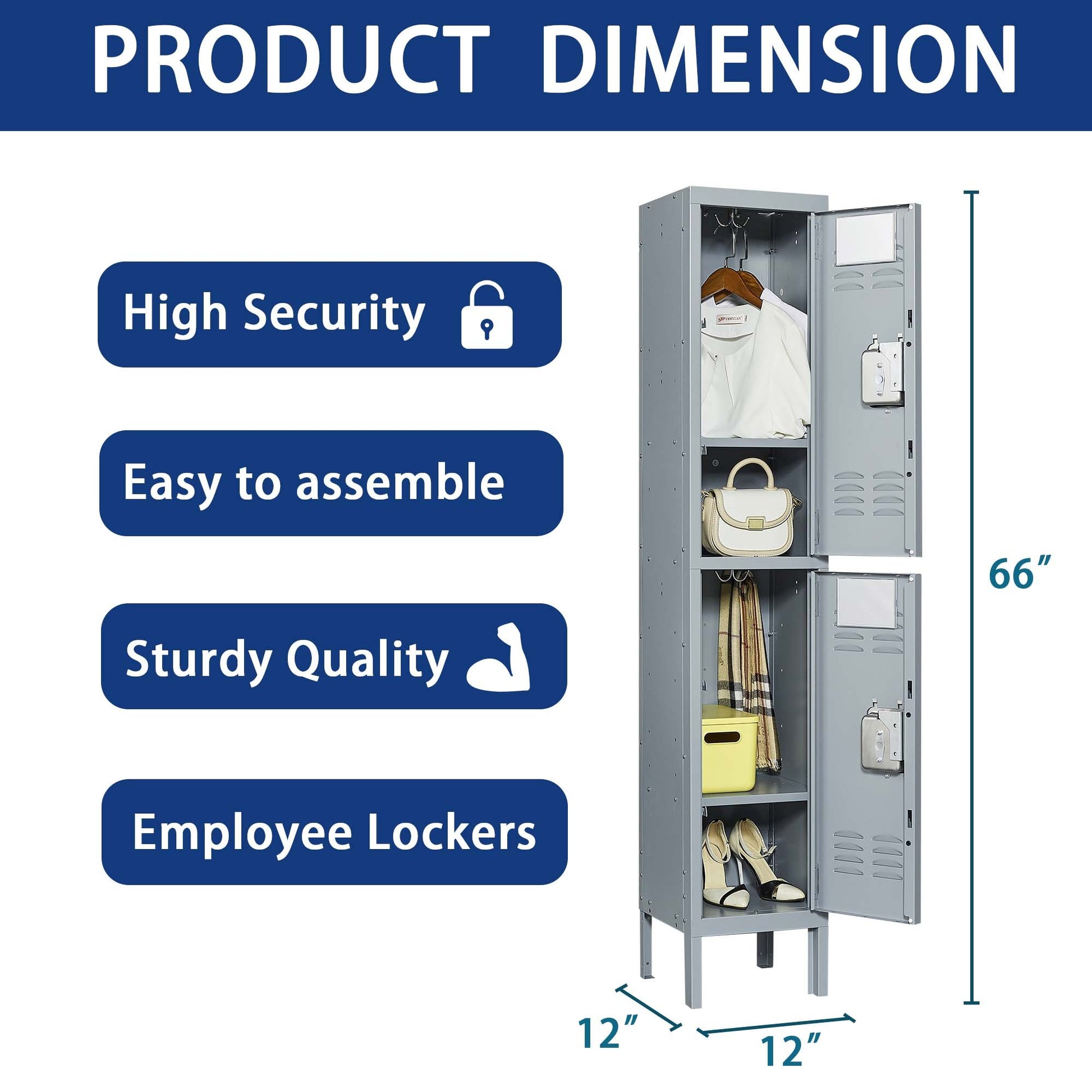 2 Door 66"H Metal Lockers With Lock For Employees,Storage Locker Cabinet For Home Gym Office School Garage,Gray Freestanding 3 4 Spaces Gray Gym Door Locks Modern Metal Metal