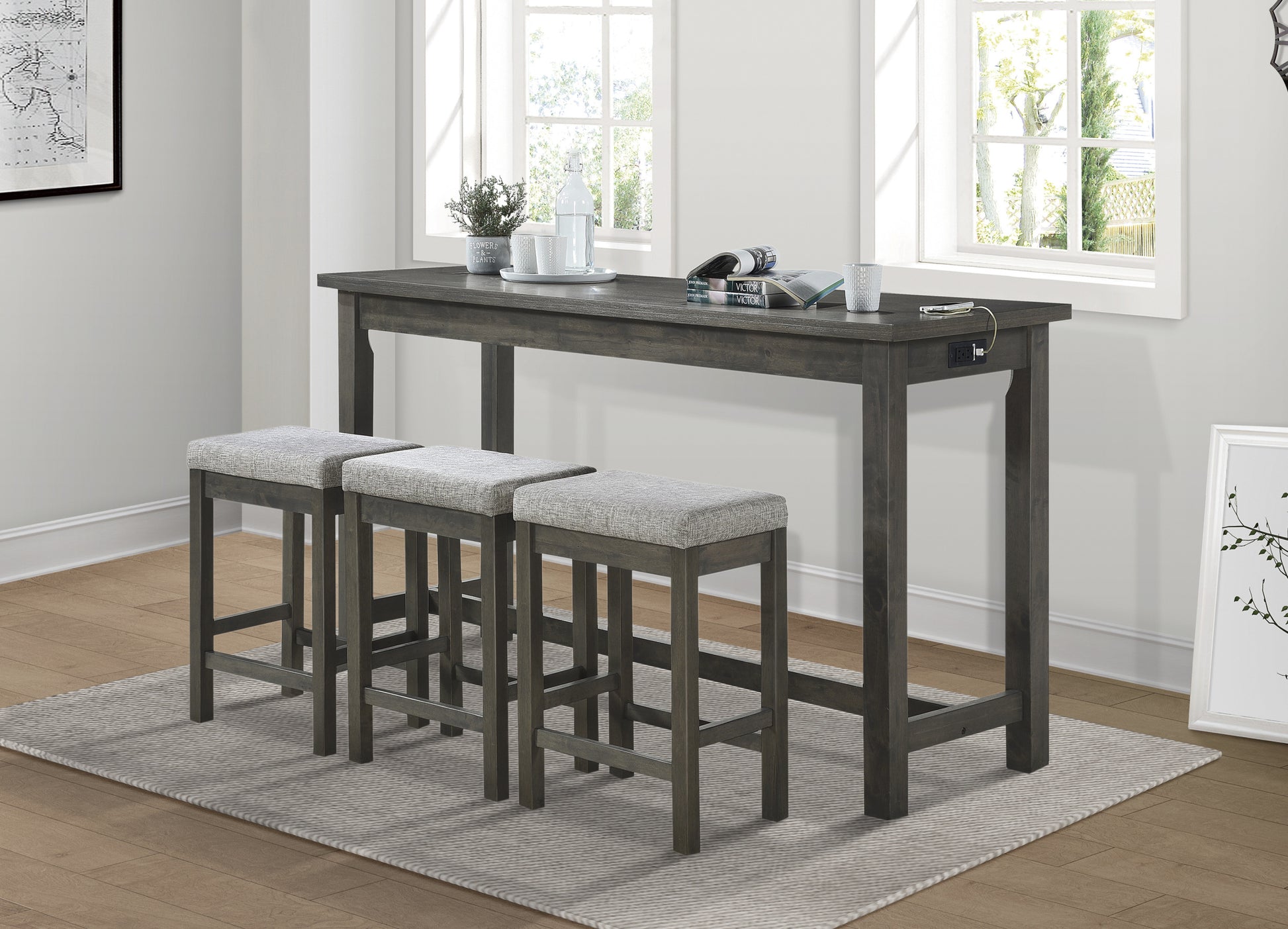 4Pc Counter Height Dining Set Gray Finish Counter Height Table W Drawer Built In Usb Ports Power Outlets And 3 Stools Casual Dining Furniture Wood Wood Gray Wood Dining Room Casual,Transitional Rectangular Dining Table With Chair Wood