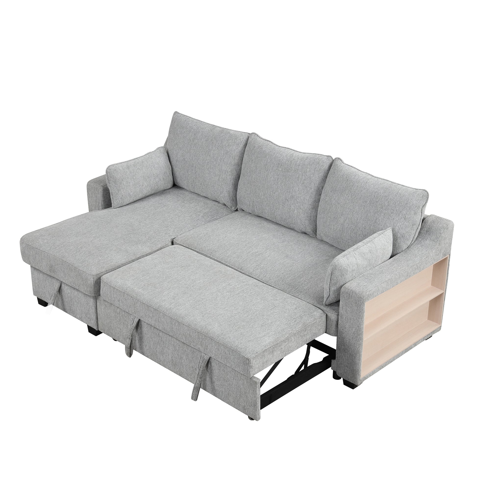 90" Pull Out Sleeper Sofa L Shaped Couch Convertible Sofa Bed With Storage Chaise, Storage Racks And Usb Ports, Light Grey Light Grey Foam Polyester 3 Seat