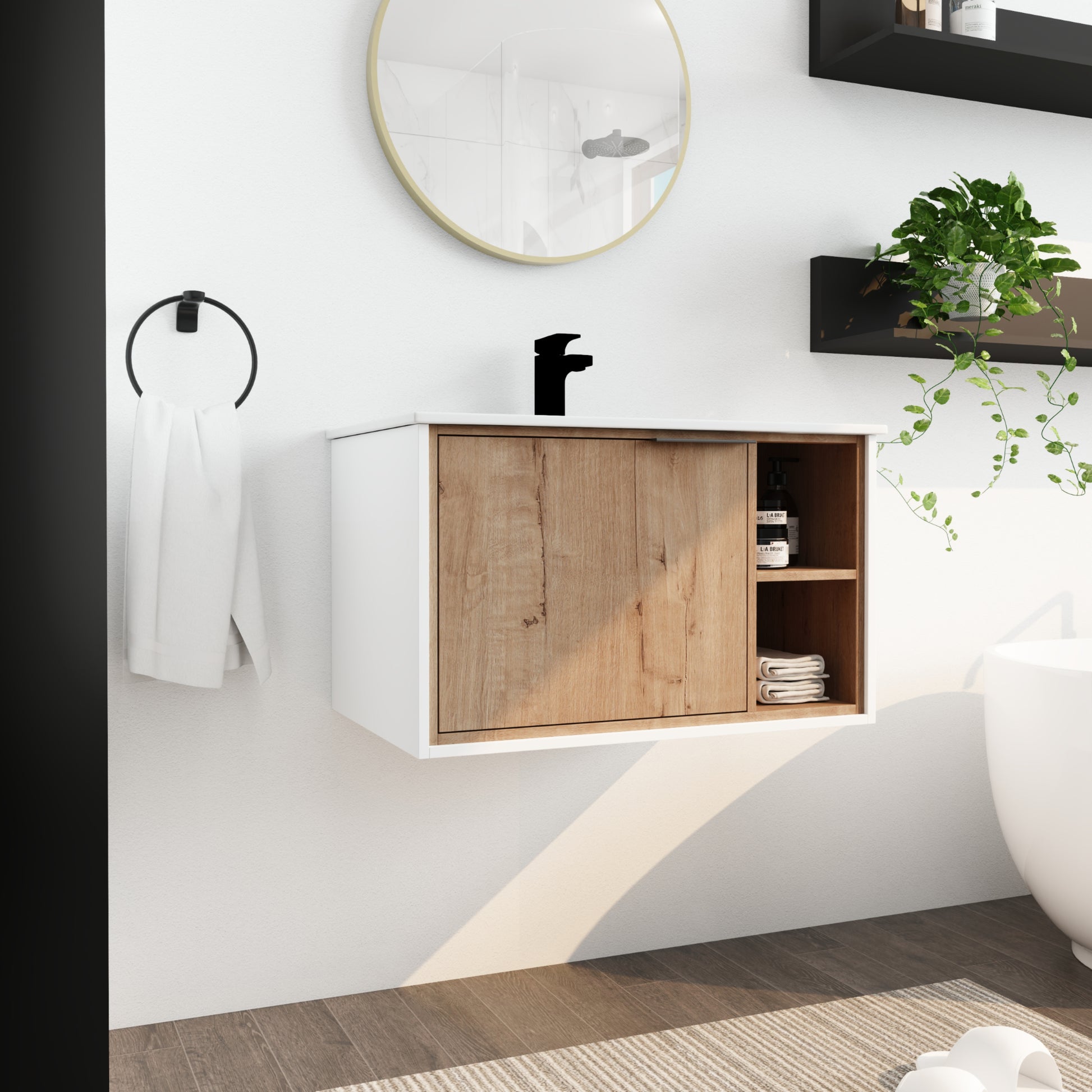 30'' Floating Wall Mounted Bathroom Vanity With Ceramics Sink & Soft Close Cabinet Door Imitative Oak 1 2 Soft Close Doors Bathroom Wall Mounted Modern Plywood