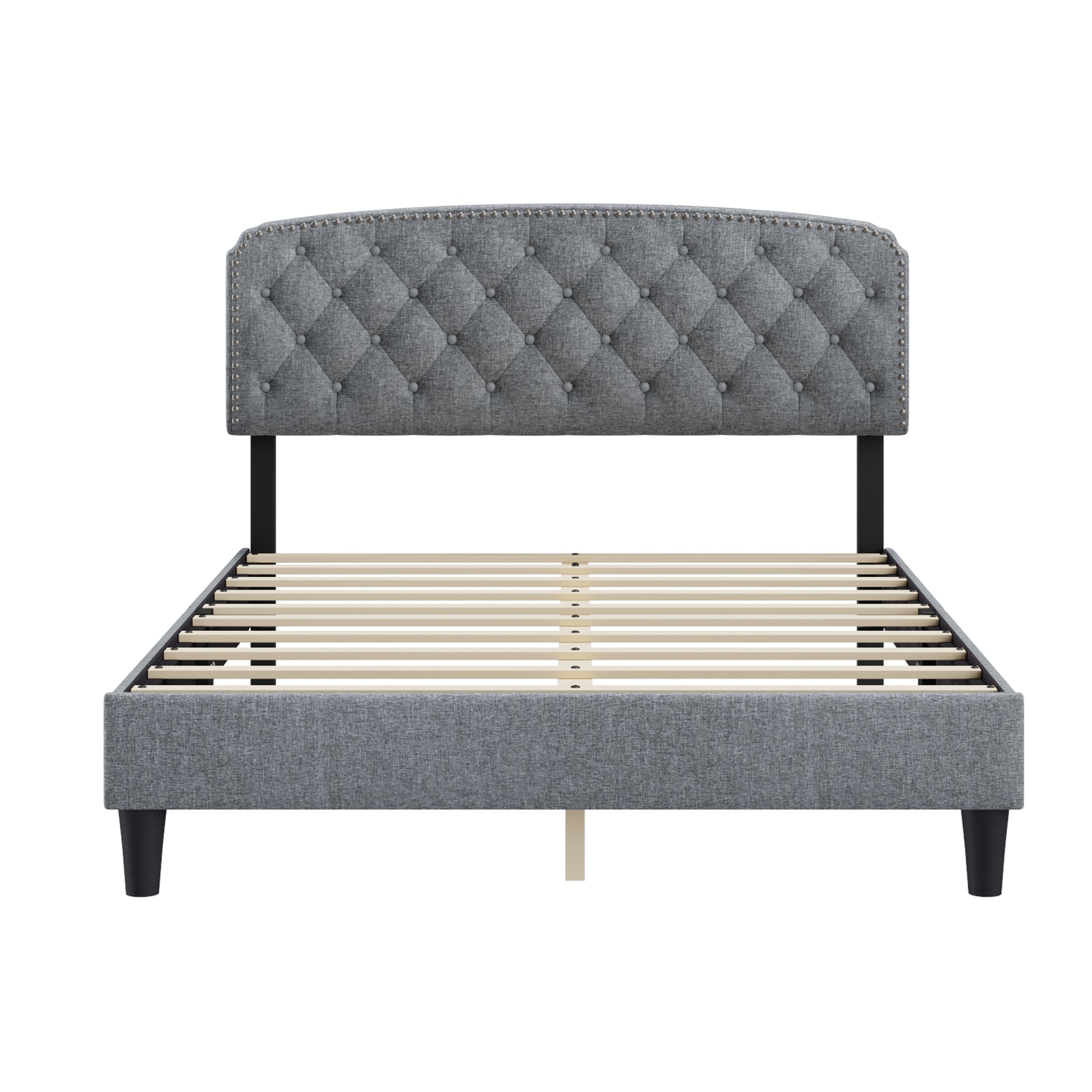 Queen Size Adjustable Headboard With Fine Linen Upholstery And Button Tufting For Bedroom, Wave Top Light Grey Light Grey Wood