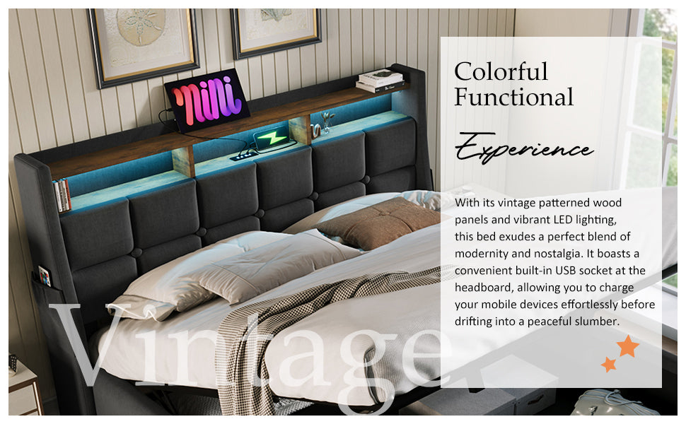 Queen Size Upholstered Platform Bed With A Hydraulic Storage System, Led And Usb Charging, Grey Without Mattress Queen Grey Metal & Wood