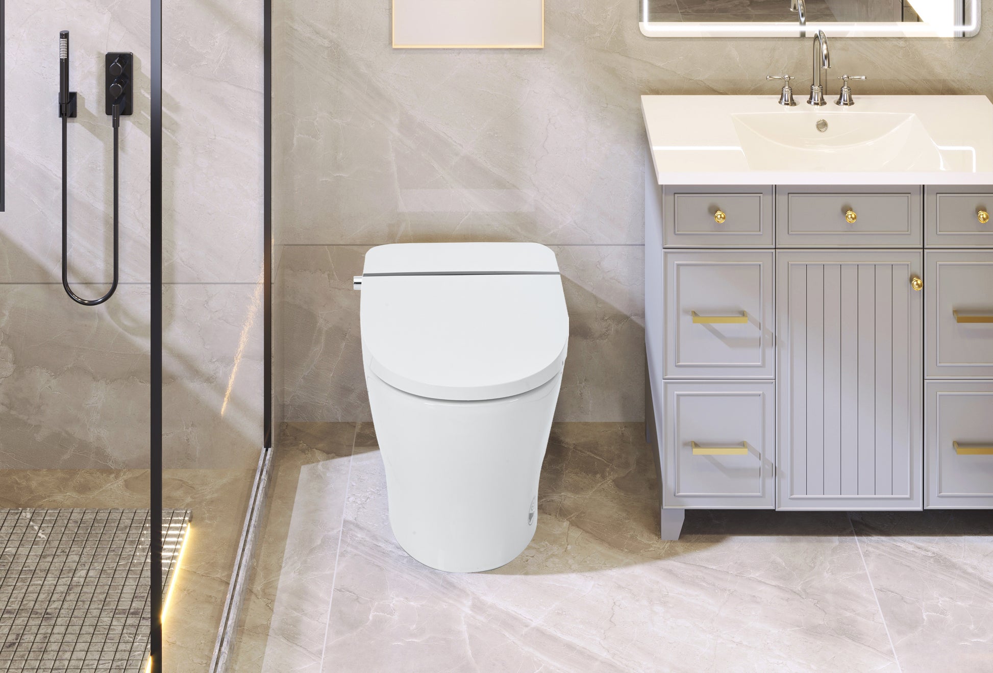 Smart Toilet Bidet Combo With Self Cleaning Nozzle,Upmarket Compact Dual Flush Toilet 1 1.28 Gpf,Tank Less Toilet With Foot Sensor Flush,White Night Light,Knob Control,Power Outage Flushing,Soft Close White Ceramic