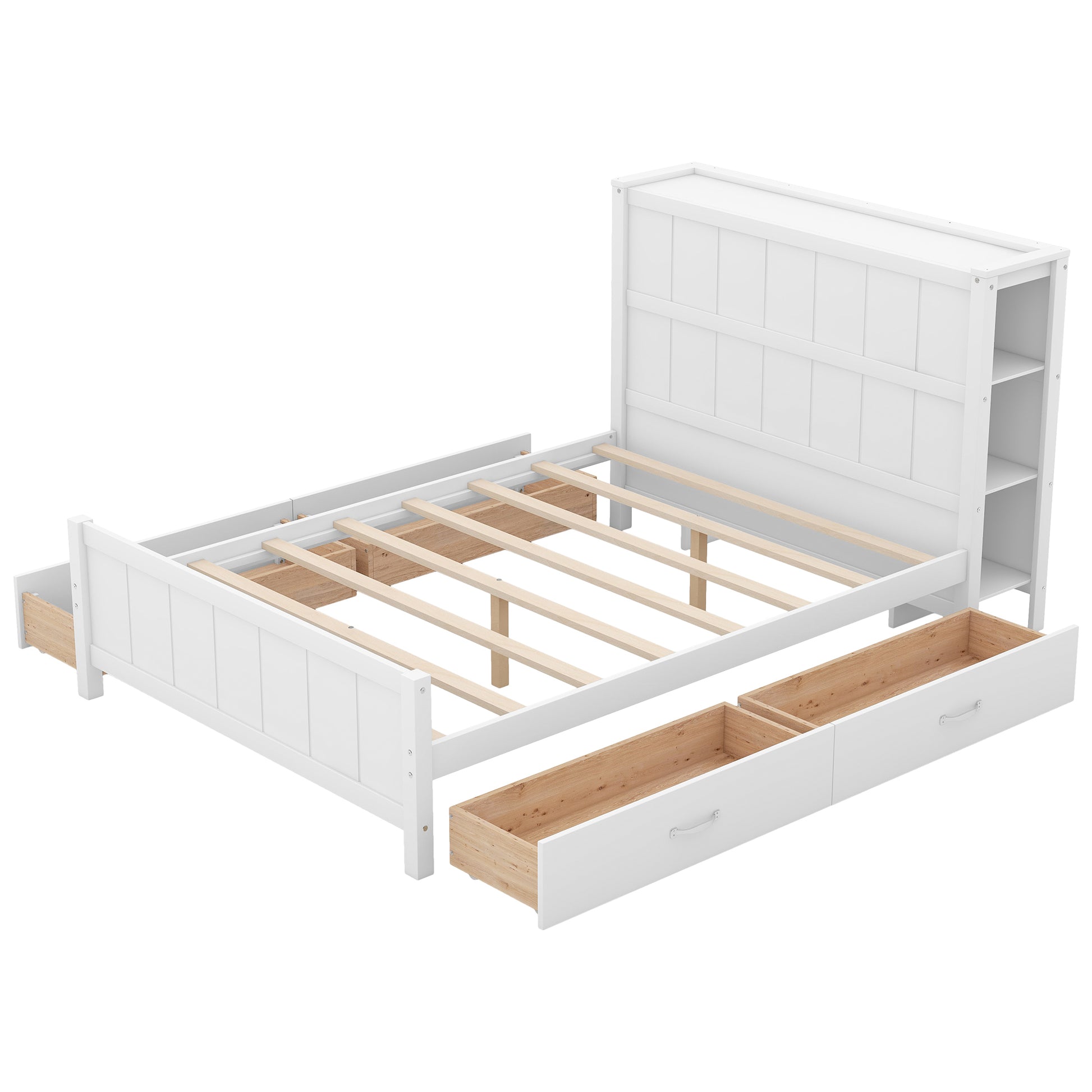 Full Size Platform Bed With Drawers And Storage Shelves, White White Solid Wood Mdf